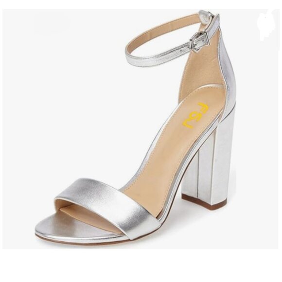 FSJ Silver Classic Chunky High Heel Sandals Open Toe Ankle Strap Dress Shoe - Picture 1 of 8